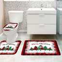MEHOFOND 4pcs Christmas Shower Curtain Sets Merry Christmas Shower Curtain Set Red Buffalo Plaid Bathroom Sets with Shower Curtain and Rugs Toilet Lid Cover and U Shape Mat Washable 72"x72"