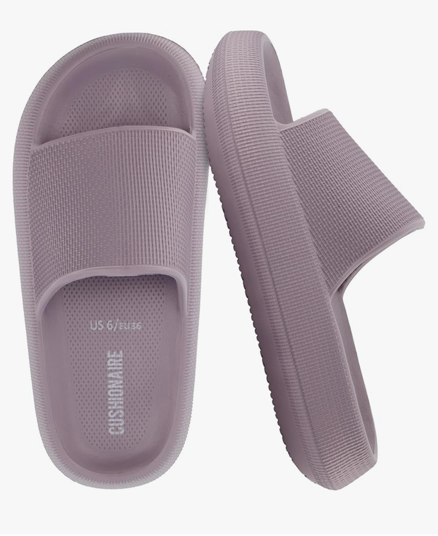 CUSHIONAIRE Feather EVA Slides for Women – Comfortable Slip On Womens Slippers, Indoor Outdoor Shower Shoes, Beach Essential Cloud Slides, Size 6