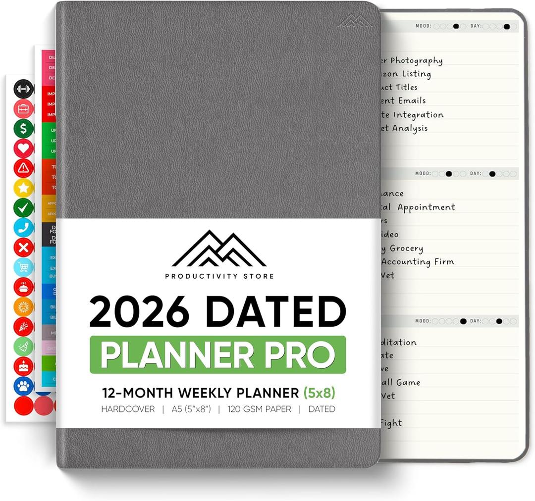 Dated, 2026 Planner, 5.8 x 8.3 - The #1 Productivity Planner to Achieve Your 2026 Goals - Planner 2026-2027 by PRODUCTIVITY STORE (A5, GREY)