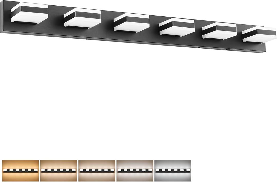 SOLFART Bathroom Light Fixtures, 5 Color Temperature Modern Vanity Lights, Black 6 Lights LED Lighting Light Color Adjustable 5CCT (45.3 inch)