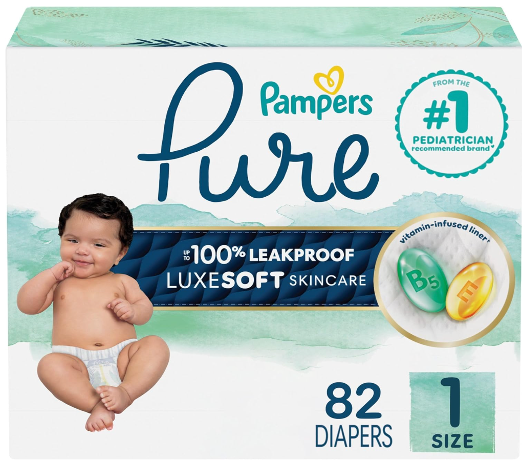 Pampers Pure Protection Baby Diapers, Size 1 (814 lbs), 82 Count, Up to 100% Leakproof, Premium Plantbased Skin Protection, Hypoallergenic Soft Diapers