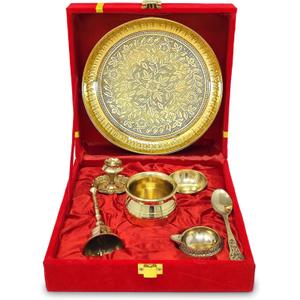 Brass Pooja Thali Set with Red Gift Box 6 Inch Pital Plate Kalash Spoon Chandan Wati Dhup Dan Kuber Diya Ghanti Puja Arti Thali for Diwali Home Office Mandir Wedding Return Gifts