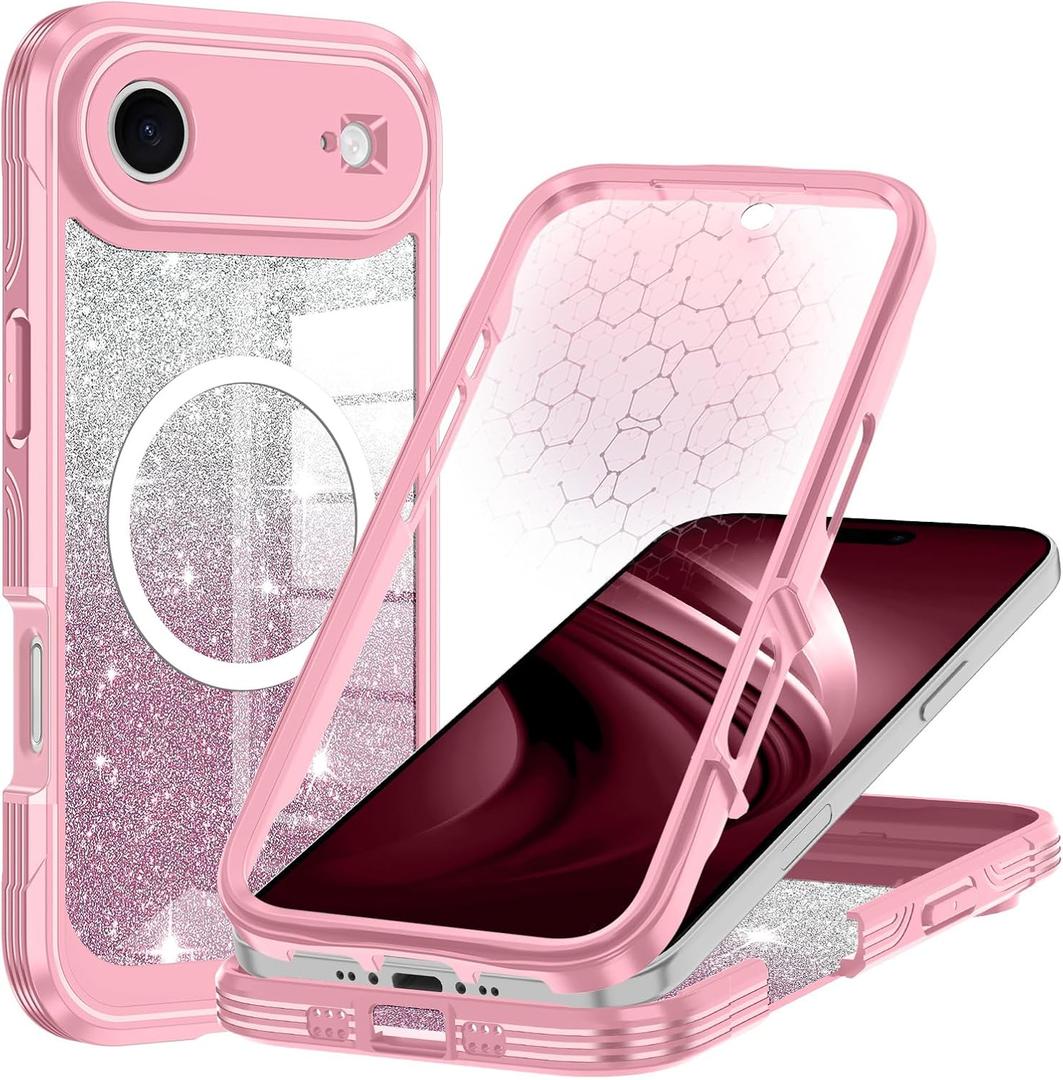 Hekodonk for iPhone Air Case/17 Air Case,Compatible with Magsafe [Built-in Tempered Glass Screen Protector & Camera Lens Protection] Full Body Shockproof Protective Women Girl Bling Case,AllPink
