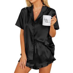 Ekouaer Womens Satin Pajamas Set Button Down 2 Piece Silk Pjs Shorts Set Ruffle Lingerie Notch Collar Sleepwear (Medium, Black)