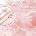 Ciaell 150PCS Rose Gold Plastic Plates Disposable Plates with Rose Gold Plastic Silverware include 50Plates, 25Forks, 25Knives, 25Spoons, 25Cups for Wedding & Party