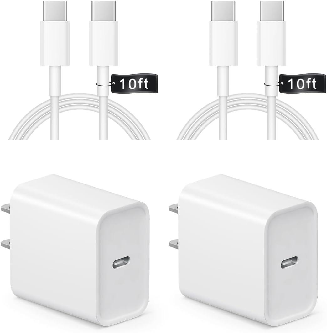 iPhone 17 16 15 Charger Fast Charging 10FT - 20W USB C Charger Block with 10FT Type C to C Cable Compatible with iPhone 17/17 Pro/17 Pro Max/Air/16/16e/15, iPad Pro, iPad Air (White)