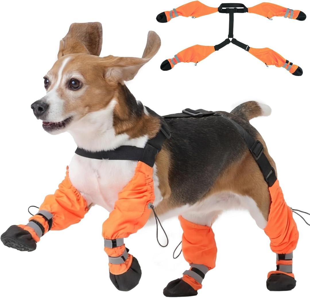 Pezluxe Dog Suspender Boots, Waterproof Anti-Slip Dog Rain Boots with Adjustable Strap for Small Medium Large Dogs, Reflective Paw Protector Pet Shoes for Outdoor Walking, Rain Snow Hiking, Orange, M
