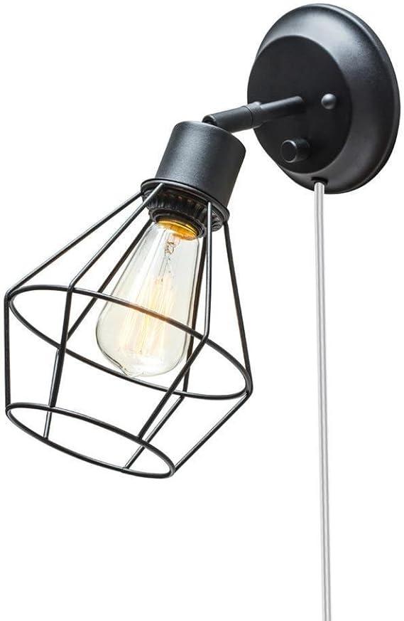 GLOBE Electric 65291 1-Light Plug-in or Hardwire Industrial Cage Wall Sconce, Matte Black Finish, On/Off Rotary Switch, 6ft Clear Cord, Wall Lights for Bedroom, Bulb Not Included