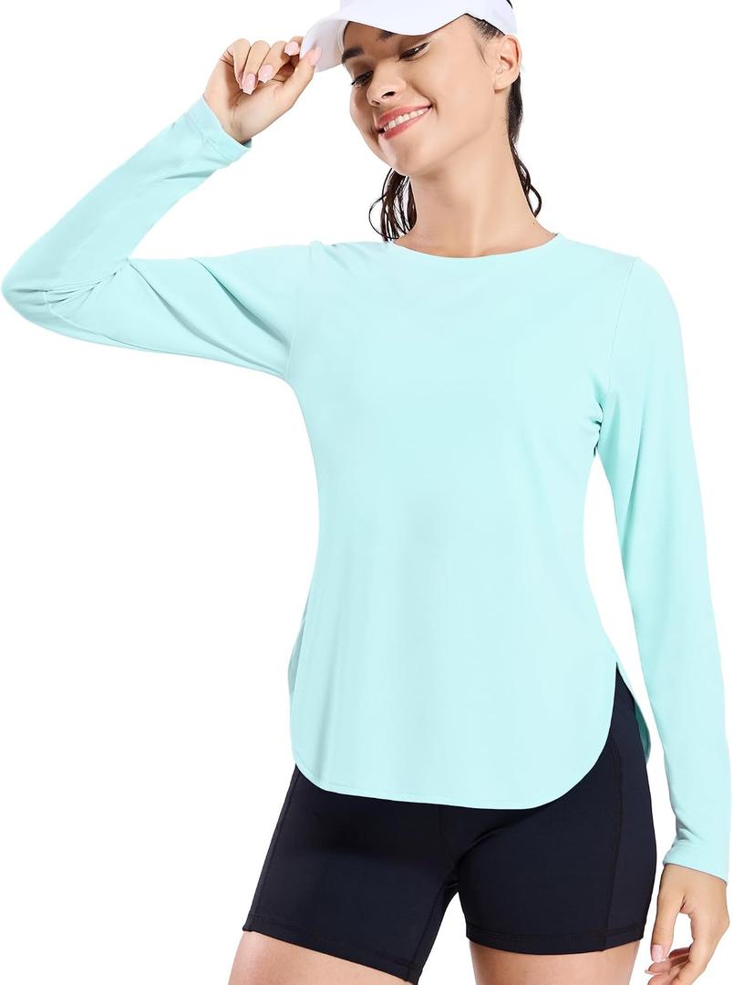MIER Women's UPF 50+ Sun Shirts Long Sleeve Workout UV Protection Dry Fit Athletic Running Gym Hiking Tops Lightweight (Blue, L)