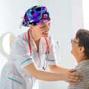 Womens Working Cap Scrub Hats with Bow Scrunchies, Skeleton Pattern Bouffant Surgical Cap Ponytail Holder