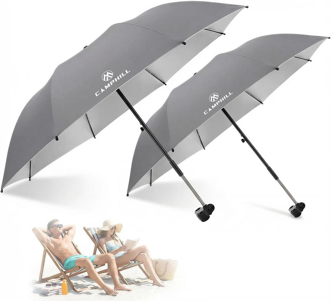 2 Pack Beach Umbrella with Clamp Sun Shade,Adjustable Umbrellas with Clip,UPF50+ Sunshade for Beach Chair,Stroller,Fishing,Camping,Patio,Wheelchair,Golf Carts