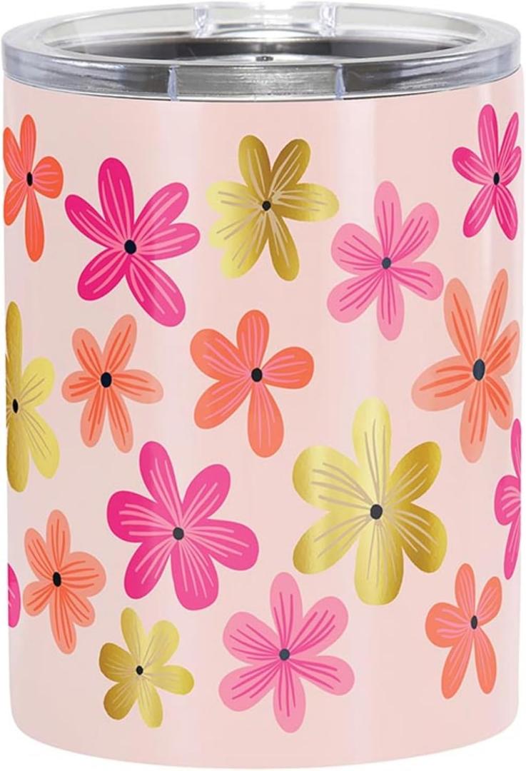 Slant Collections Celebration Stainless Steel Insulated Whiskey Tumbler Double Old Fashion Cocktail Cup with Slider Lid, 12-Ounce, Floral Pattern