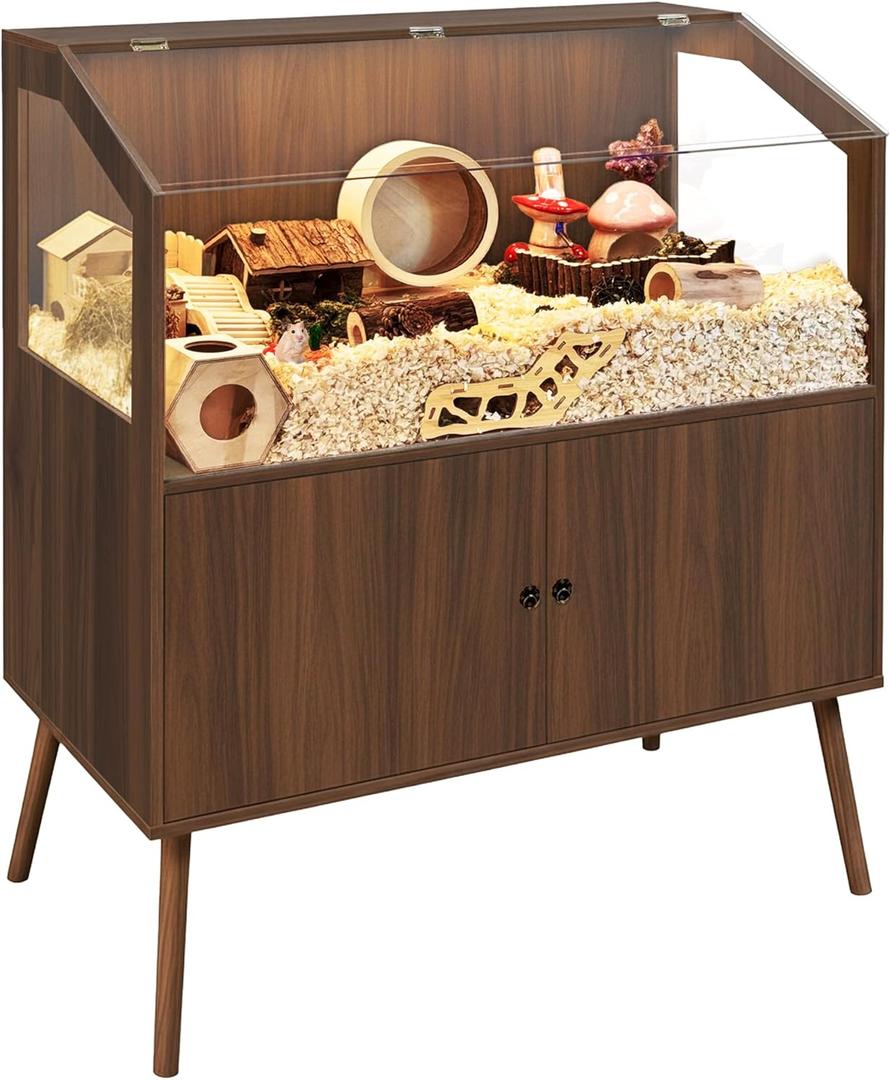PROLEE Hamster Cage with Storage Cabinet,Large Hamster Encloure Chew Proof Wood,Clear View Hamster Habitat for Guinea Pig, Ferret, Rat, Hedgehog，47“ X 40” X 20“ (Walnut)