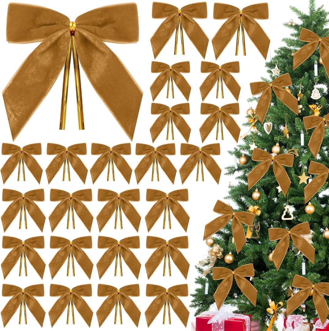 2 x 24 Pcs Khaki Small Velvet Christmas Bows for Christmas Tree, Velvet Ribbon Bows Twist Tie Bows with Clip for Wreath, Gift Wrapping, Crafts, Door Garland Decor, Home Decor 1" W,3.5 x 3.5 inch