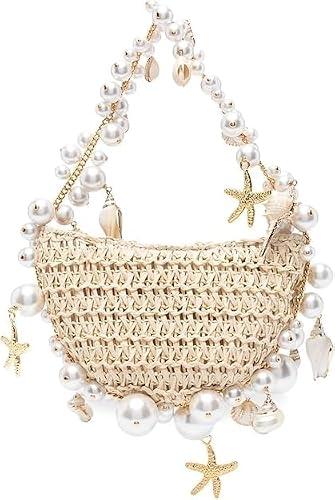 Aiermo Women Pearl Handbag Straw Purse: Woven Summer Beach Bag Vacation Clutch Purse for Wedding Party Crossbody Bag Seaside Style Carrying Bag Shoulder Handbag