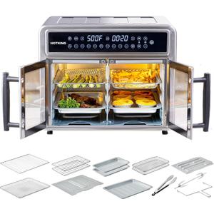 HotKing Dual-Zone Air Fryer Toaster Oven Combo, 28 QT Extra Large, Non Toxic Stainless Steel Convection Oven with French Door, Countertop Airfryer with Window, Racks, Rotisserie, Dehydrator, ETL Rated, 28 Quart