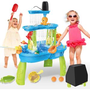 Dolanus 3-Tier Water Table for Toddlers with Pump, Table Cover - Sand Activity Sensory Playset, Summer Outdoor Outside Pool Backyard Beach Toys for Kids Age 1 2 3 4 5 8 Year Old Boys Girls
