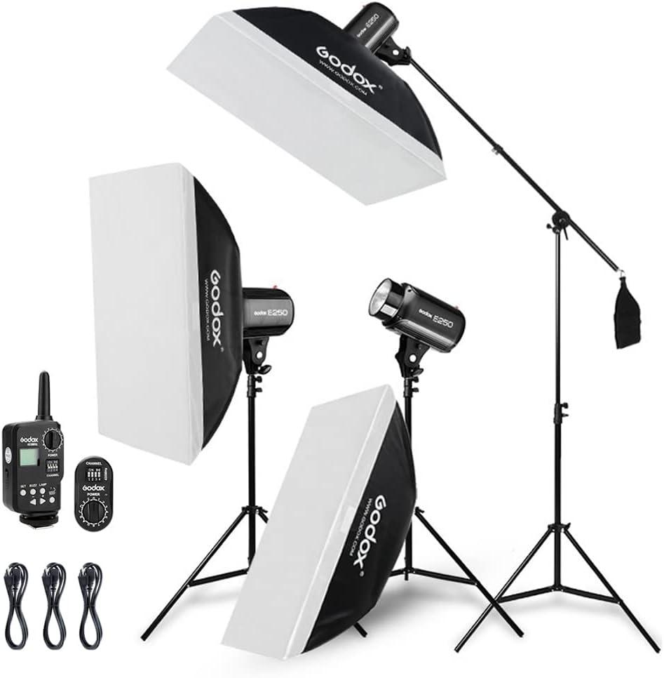 Godox 750W Professional Studio Strobe Flash Light Kit, 3-Light Godox Strobe Lighting Kit for Photography, 3x250W 5600K Monolights with Strobe Trigger, Softbox, Light Stands, Boom Arm
