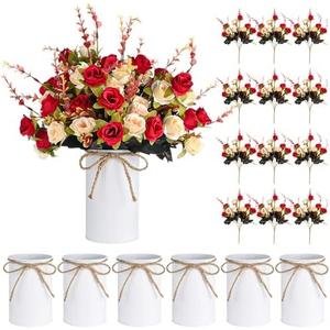 6 Set Fake Flower in Vase, Artificial Flowers with Vase, Centerpiece Table Decorations with 6 Pcs 6 Inch Large Vases and 12 Pcs Mixed Colors Silk Rose Bouquet for Wedding Home Office Farmhouse Decor