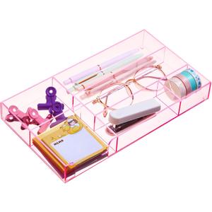 Briwooody Translucent Pink Acrylic Desk Drawer Organizer 11 x 6.1 x 1.38 Inch Storage Tray Organizer for Pens, Stationery, Desktop, Office, Bathroom, Kitchen, Makeup Supplies (6 Compartments)