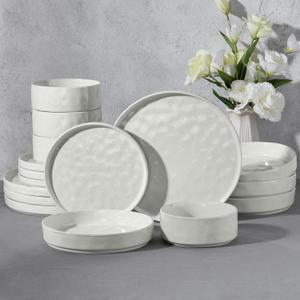 E-far 16-Piece Plates and Bowls Sets with Pasta Bowls - Stoneware Dinnerware Set for 4, Modern Ribbed Speckled White Dishes, Microwave & Dishwasher Safe