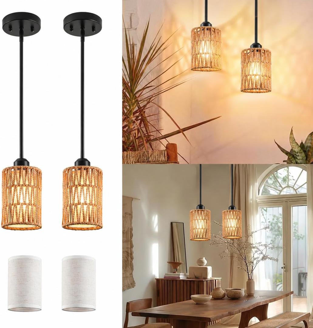 Rattan Pendant Light, 6 Inch 2-in-1 Boho Hanging Fixture with Iron Rods & Linen Shade, Adjustable Height & Sloped Ceiling Compatible for Kitchen Island Dining Room Farmhouse Bedroom, 2 Pack