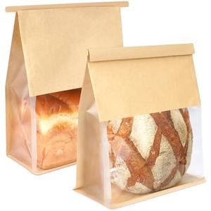 Foranda 100 Pack Bread Bags for Homemade Sourdough Bread, 8.7x4.3x11 Inches Tin Tie Tab Lock Large Bakery Bag with Window Kraft Paper Loaf Packaging Bags for Gifting & Bake Sale