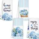 Blue Stripe Hydrangea Kitchen Towels Set of 4 - Home Sweet Home Blue and White Hydrangea Gifts Decorative Hand Towels for Bathroom, 16x24
