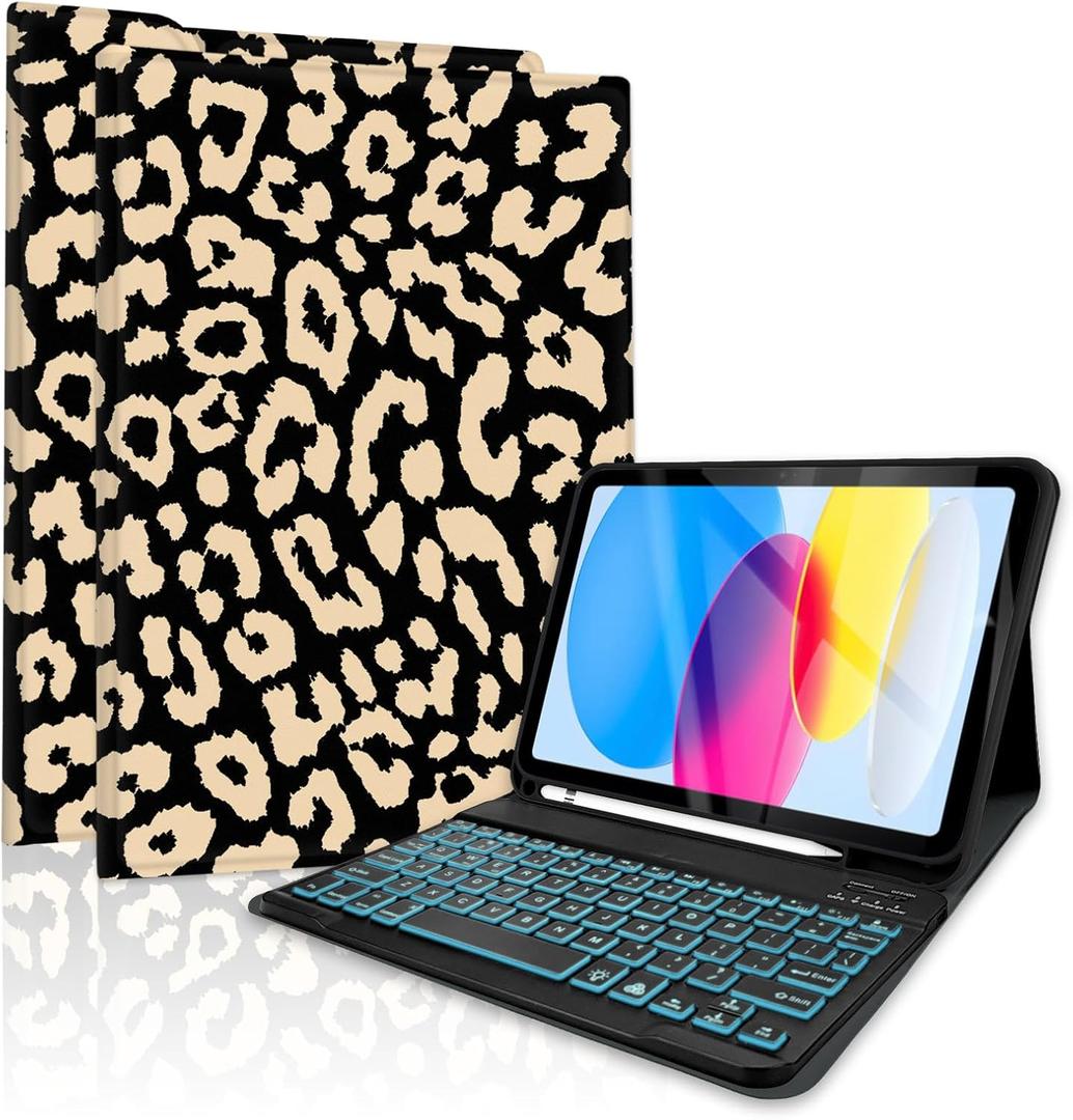 TopPerfekt for Bluetooth Keyboard iPad 10th Gen 10.9 inch (2022) case iPad (A16) 11th/ 10th Gen Case 11'' (2025) with 7-Color Backlights, Pencil Holder, Detachable, Rechargeable - Leopard Beige