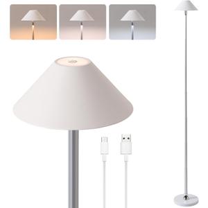 Rechargeable Floor Lamp for Indoor/Outdoor, Cordless Tall Standing Lamp with 3 Color Temps & Dimmable, IP43 Waterproof, Adjustable Height 16-56 Inch, Portable Pull-Up Lamp for Camping, Patio(White)