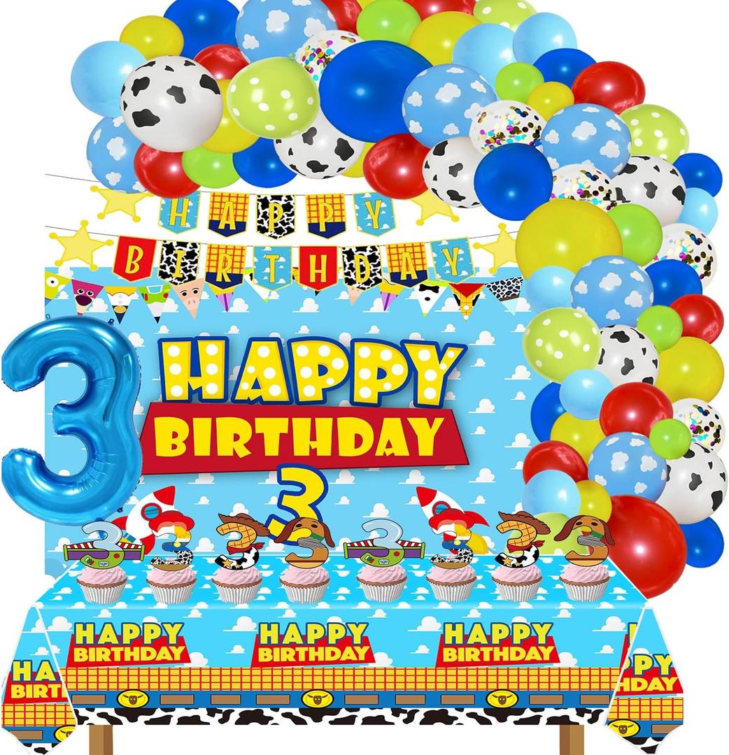 Cartoon Story 3rd Birthday Party Supplies - Backdrop, Balloons, Tablecloth, Cupcake Toppers, Banner & Decorations for Boys' 3rd Bday