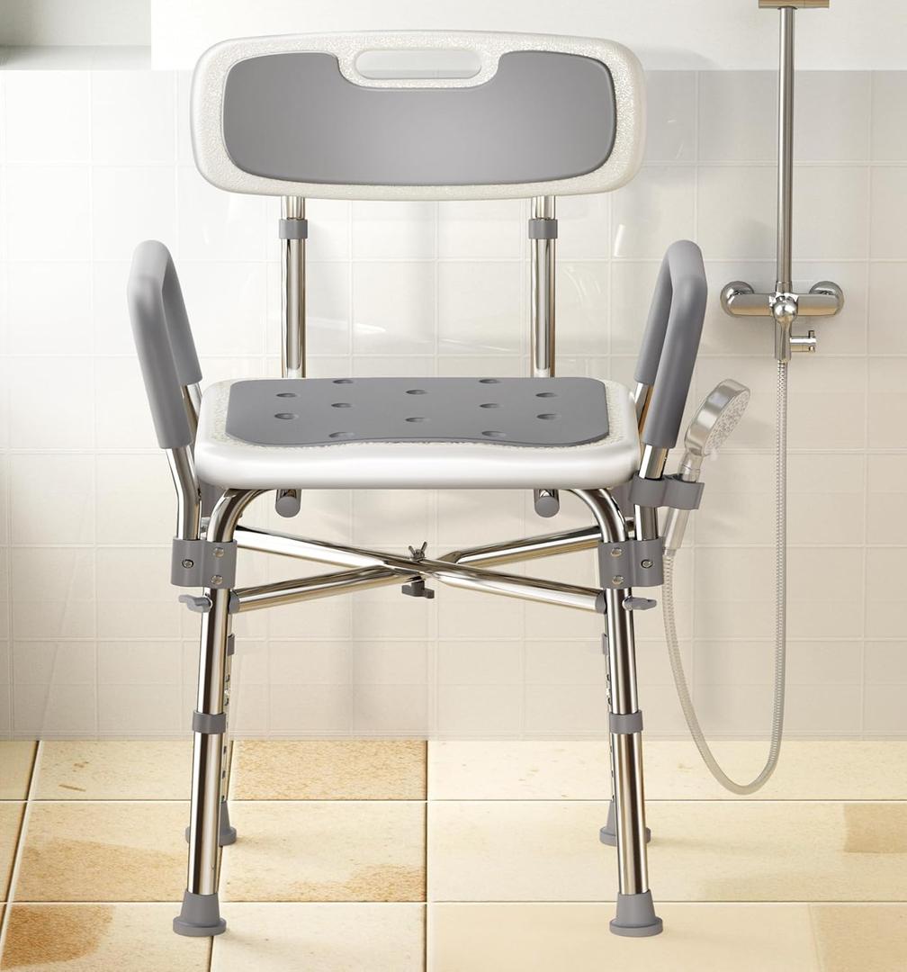 Shower Chair with Arms & Back, 550lbs Heavy Duty, Height Adjustable, FSA/HSA Eligible - Reinforced Bathtub Seat Shower Bench Stool for Inside Shower with Non-Slip Feet for Elderly & Disabled