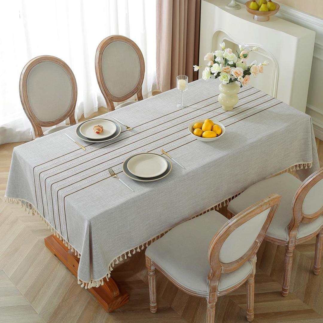 Alsoo Table Cloths Rectangle Table, Waterproof Tablecloth Cotton Linen Table Cloth Wrinkle Free Farmhouse Dining Tables Cover, Soft Fabric Table Cloths with Tassels, Brown Linens, 55" X 55", 4 Seats (Coffee, Brown Lines)