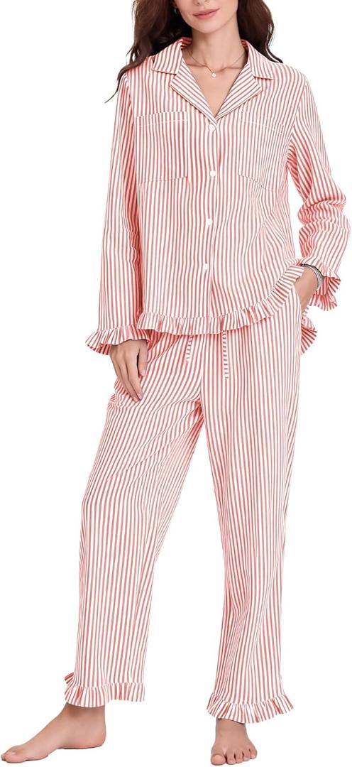 Flygo Womens Striped Pajama Sets 2 Piece Cotton Lounge Sets Button Down Top Straight Leg Pants with Pockets Y2K Pjs Sleepwear (XX-Large, Orange-Red)