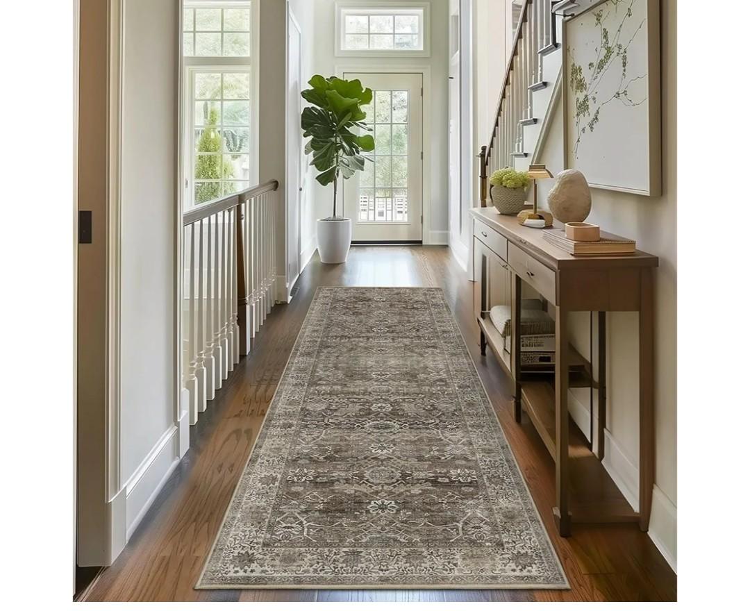 2x6 Runner Rug Grey Brown Vintage Washable Runner Rugs for Hallway Kitchen Low Pile Non-Slip Retro Distressed Accent Throw Carpet for Entryway Bathroom Bedroom Antique/Moss