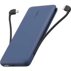 Belkin Portable Charger Power Bank for iPhone/Android - 10,000mAh, 23W Battery Pack for Phone with Integrated USB-C, Lightning Cables - Pass-Through Capability, Charge 2 Devices at Once (Blue)