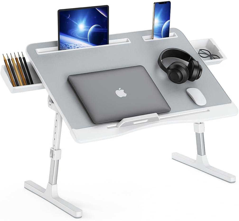 Lap Table, Foldable Adjustable Laptop Lap Desk for Bed and Sofa, X-Large with 2 Drawers, Grey