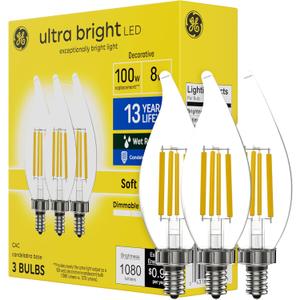 GE Ultra Bright LED Light Bulbs, 100W, Soft White Candle Lights, Clear Decorative CA12 Light Bulbs, Candelabara Base (3 Pack)