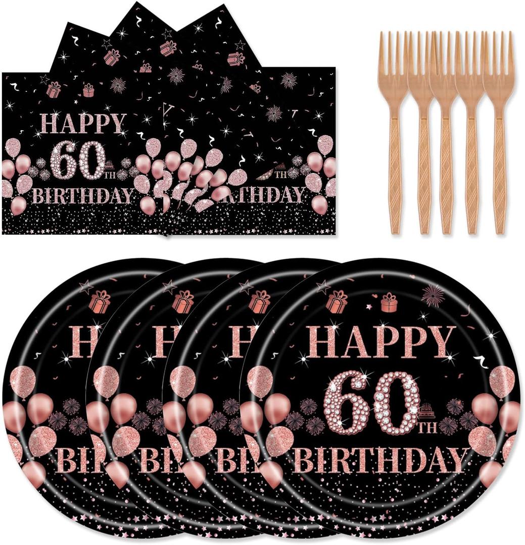 72 Pcs 60th Birthday Party Supplies Paper Plates and Napkins, Black Rose Gold 60th Birthday Plates Napkins Tableware Set for Men Women Cheers to 60 Years Decorations, Serve 24 (60th) Black Rose Gold