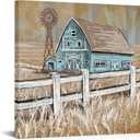 Visual Art Decor Turquoise Barn Wall Art Rustic Farmhouse Barn and Windmill Landscape Painting Framed Canvas Wall Art 24x24 inch