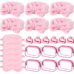 24pcs Sleepover Party Supplies for Woman Spa Slumber Party Favors Spa Headband Plush Sleep Eye Mask Hair Claw Clips Clear Cosmetic Bags for Weekend Trip Graduation Gifts(Pink)