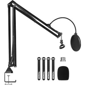 TONOR Microphone Stand Extension Arm, Studio Suspension Scissor Boom Arm with Pop Filter, 3/8" to 5/8" Adapter, Excellent Compatibility, Mic Clip, Upgraded Heavy Duty Clamp, T30
