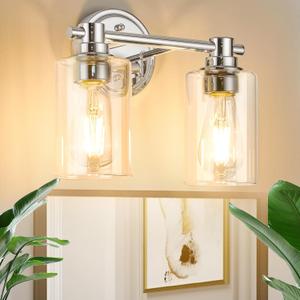 Bathroom Light Fixtures Wall Sconce Light with Clear Glass Chrome 2 Lights Bathroom Lighting Over Mirror Vanity Lights for Living Room,Bedroom,Restroom,Hallway E26 Base