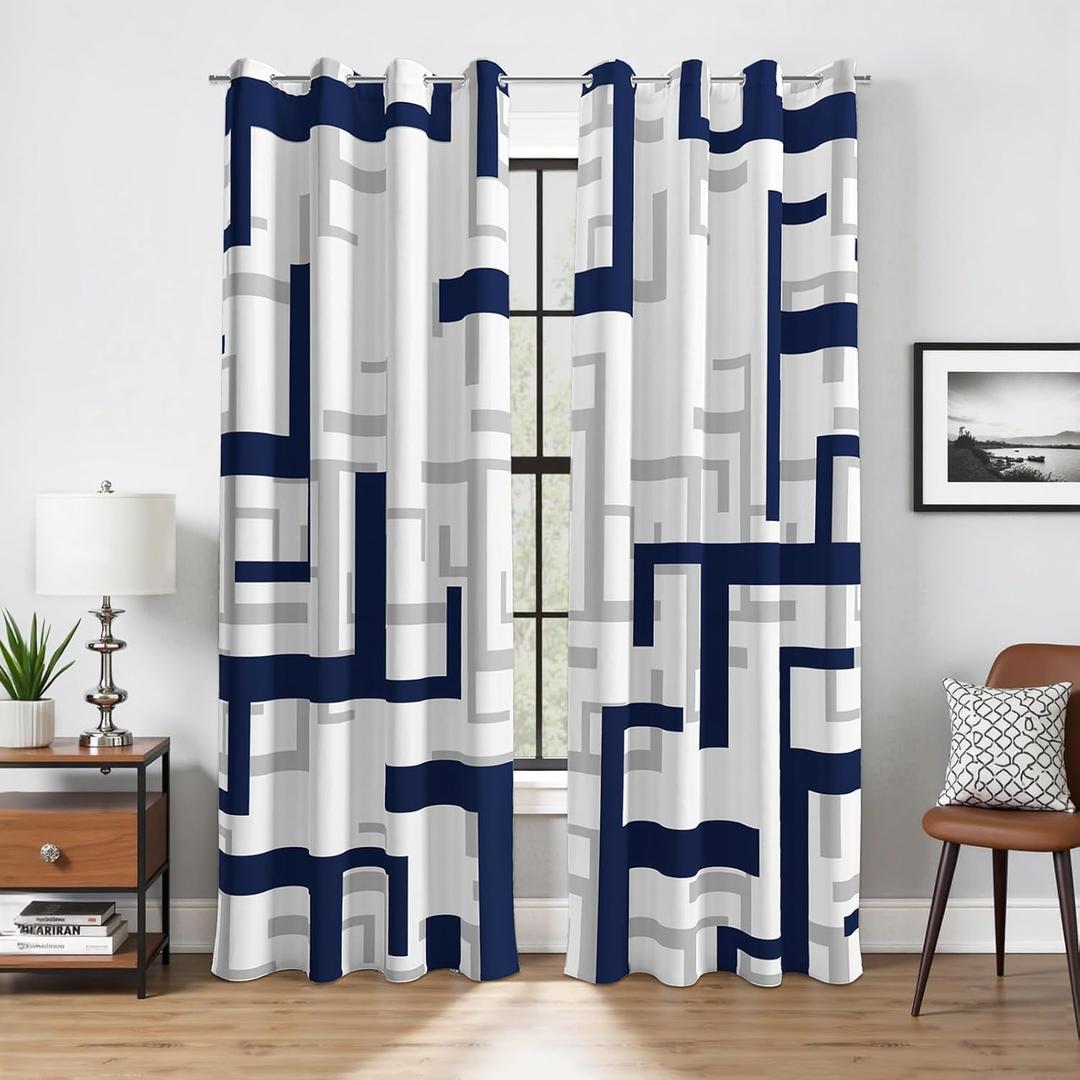 weesire Modern Blackout Curtains for Bedroom Living Room 2 Panels 100% Blackout Blue and White Pattern Curtains Abstract Curtains, 52x63 Inches