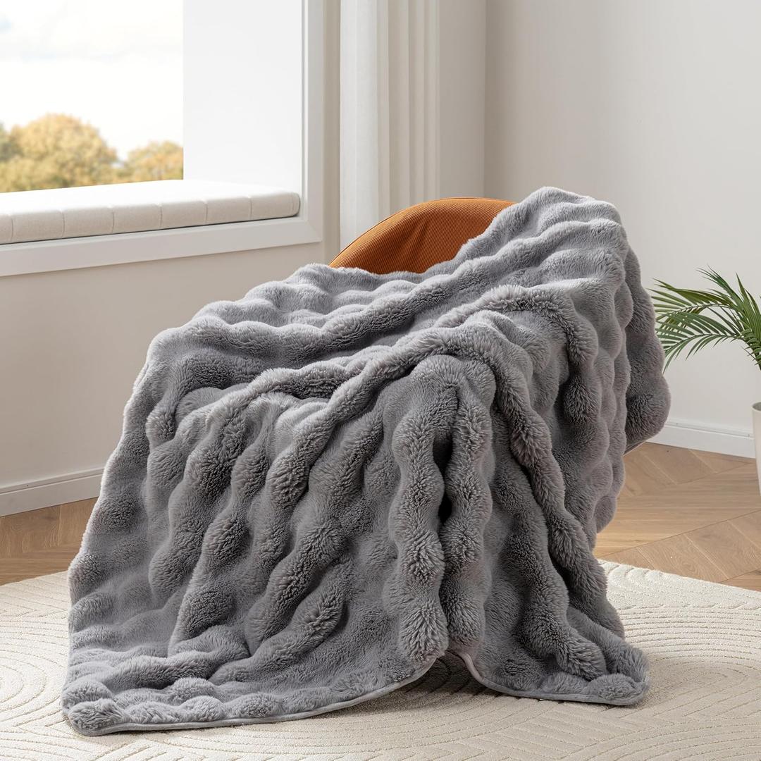 Berkshire Faux Fur & Velisse Reversible Throw - Ultra Soft Plush Blanket for Couch and Bed, Luxury Fluffy Sofa Decor, 50" x 60", Chateau Grey