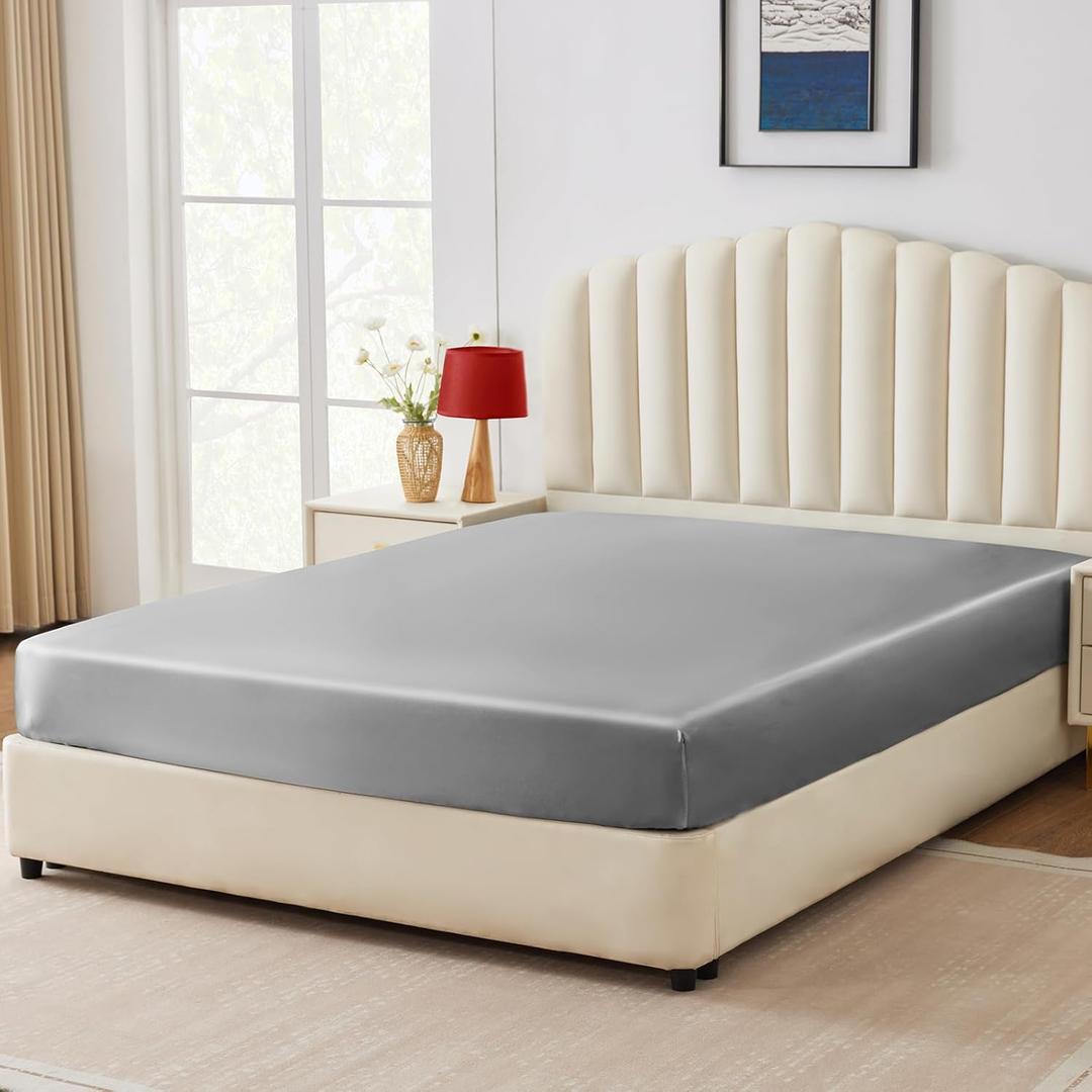 CozyLux Satin Fitted Sheet Full Size, Light Grey Silky Satin Bed Fitted Sheet Only with Silky Microfiber, Deep Pocket, Single Bottom Sheet Sold Separately, Breathable, Smooth and Soft