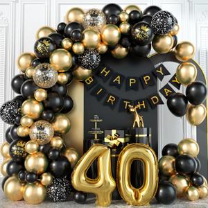 40th Birthday Decorations for Men Black and Gold Balloons Garland Arch Kit with Number 40 Foil Confetti Balloons Happy Birthday Bunting Banner Black Gold Party Decor for 40 Years Old Women Anniversary
