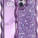 FABSPARK Case for iPhone 16,Crystal Diamond Rhinestone Shiny Bling Sparkly Glitter,Glossy Luxury Electroplated Curly Wavy Frame Wave Case,Aesthetic Cute for iPhone 16,Purple