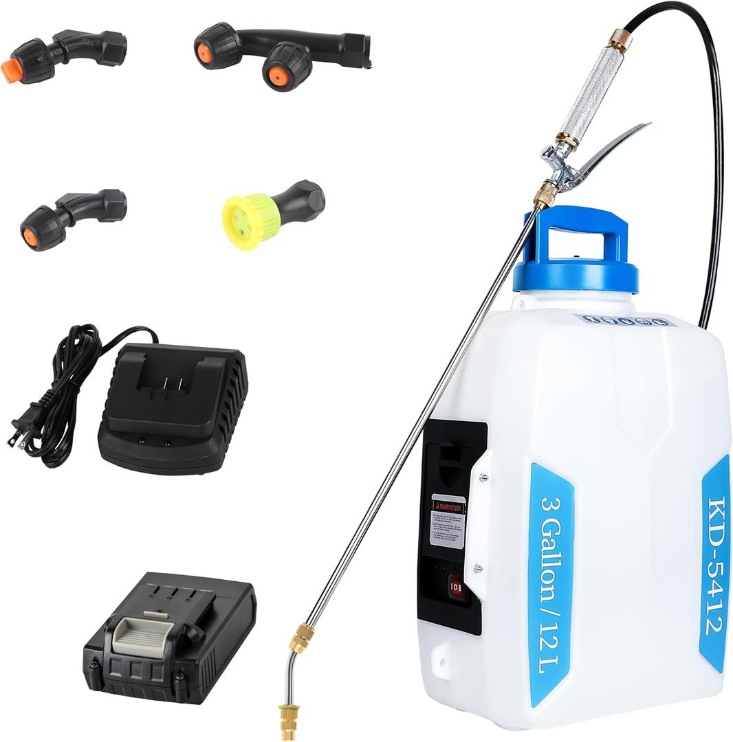 3 Gallon Garden Sprayer 18 V 2.0 Ah Battery Powered Backpack Sprayer For Spraying, Cleaning, Fertilizing 40-70 PSI pump with Brass handle & Multiple Nozzles & Battery and Charger Included (12L)
