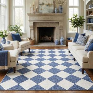 GarveeHome Navy Blue Area Rugs 8x10 for Living Room, Checkered Large Washable Rug Soft Non Slip Backing Floor Mat Carpet Indoor Thin Rug for Bedroom Dining Room Playroom Nursery Home Decor